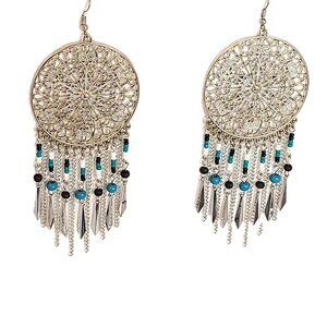 Silver Tone Blue Turquoise Dream Catcher Native Southwest Earrings Drop Dangle
